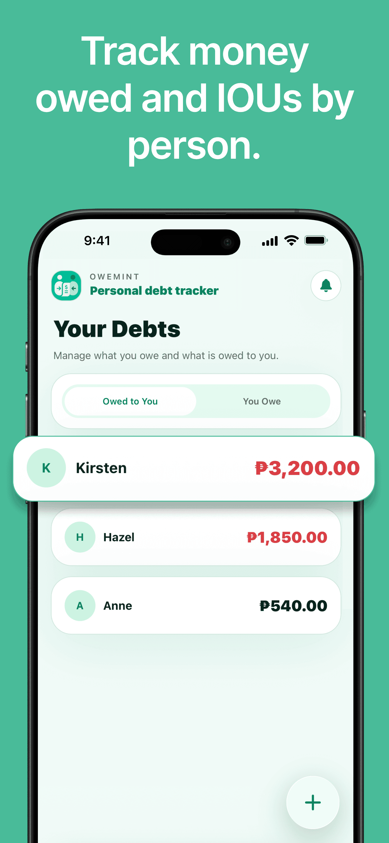 Debts screen showing people who owe you and their balances.
