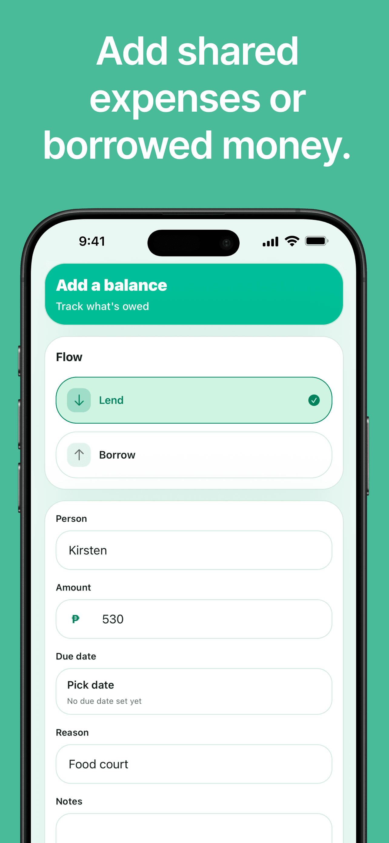 Add balance screen with fields for entering a new owed or borrowed amount.